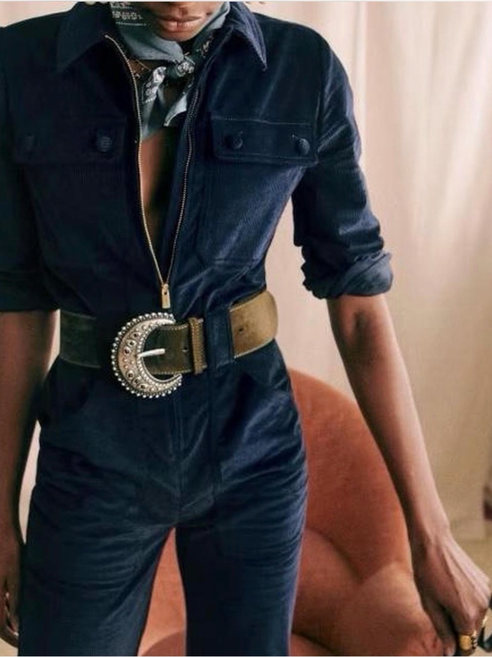 Sézane Navy Corduroy Straight-Leg Jumpsuit